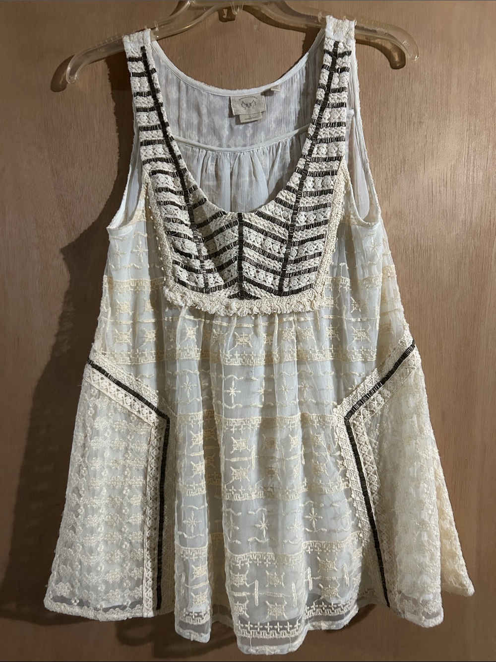 Vanessa Virginia Embroidered Ivory Lace Tunic Tank with Black Trim